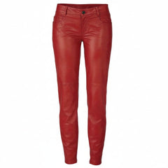 Red leather slim-fit pants with a single button closure at the waist, displayed against a solid white background.