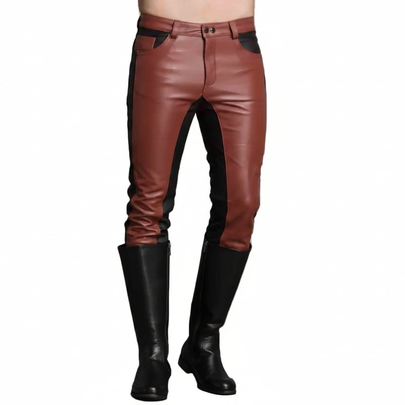 A pair of men's leather pants in black and brown with contrasting stitching, featuring a high waist and boot straps.