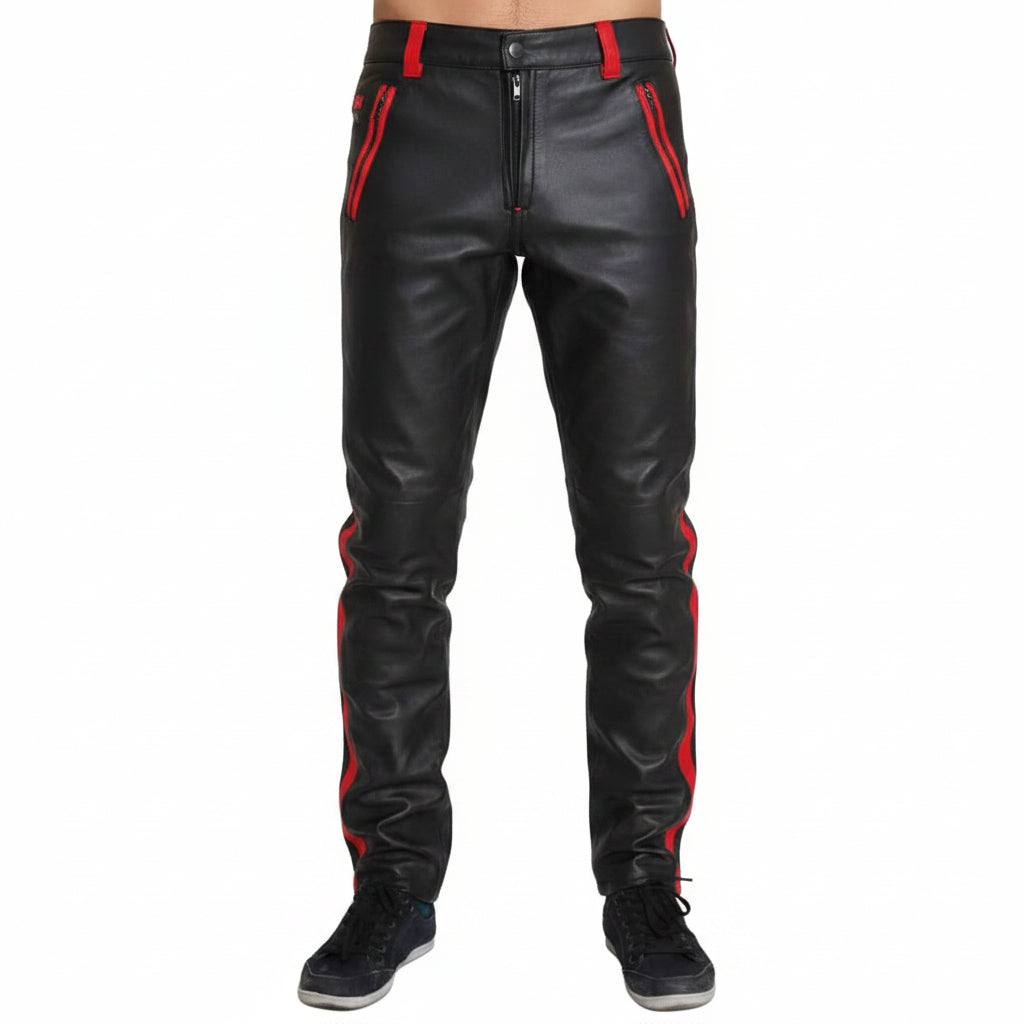A pair of men's cowhide leather pants with red stripes, featuring a cropped biker style and front button closure.