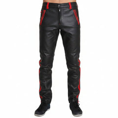 A pair of men's cowhide leather pants with red stripes, featuring a cropped biker style and front button closure.