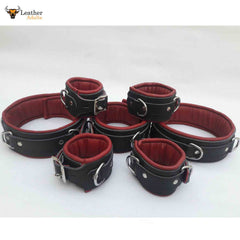 Real Leather 7 Piece Heavy Duty Red and Black Padded Bondage Restraint