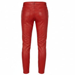 Red leather pants with a circular bull logo print on the lower left leg, shown against a plain white background.
