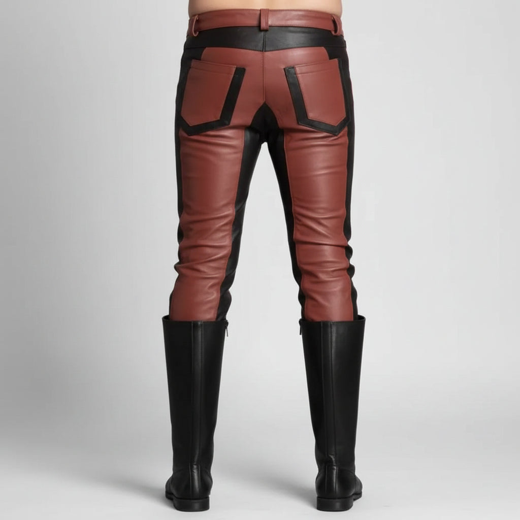 Red and black faux leather pants with black knee-high boots, shown from the back on a white background.