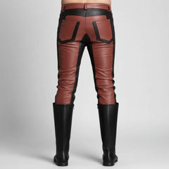 Red and black faux leather pants with black knee-high boots, shown from the back on a white background.