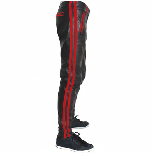 Mens Cowhide Leather Pants Cropped Biker Pants Red Stripe Leather Pants Clubwear Chino Trousers