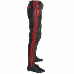 Mens Cowhide Leather Pants Cropped Biker Pants Red Stripe Leather Pants Clubwear Chino Trousers