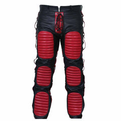 Mens Black Real Cowhide Leather Heavy Duty Bondage Jeans Trousers With Red Contrast