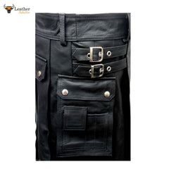 Men's Leather Black Utility Kilt Twin CARGO Pockets Pleated with Twin Buckles