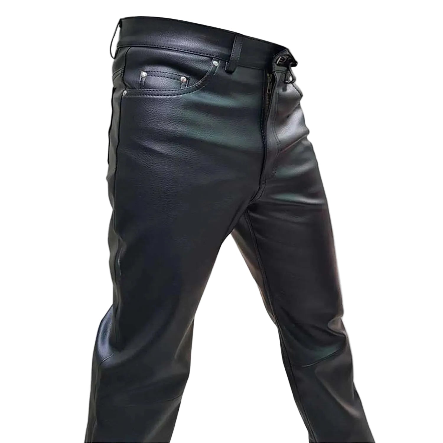 Black leather motorcycle pants with a zippered front and belt, shown on a white background.