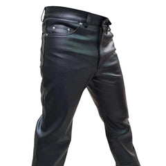 Black leather motorcycle pants with a zippered front and belt, shown on a white background.
