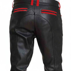 Mens Cowhide Leather Pants Cropped Biker Pants Red Stripe Leather Pants Clubwear Chino Trousers