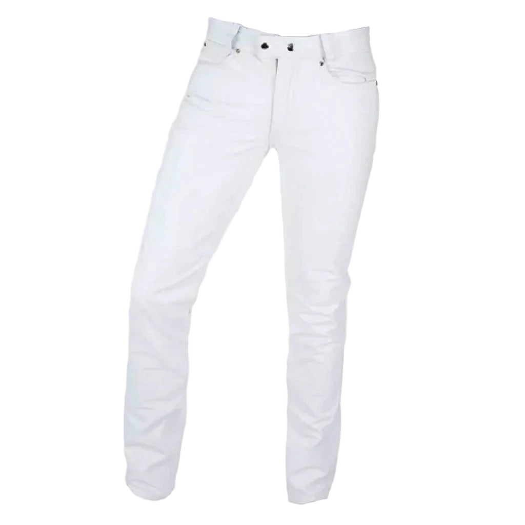 White slim-fit leather jeans shown on a light gray background.