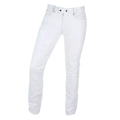 White slim-fit leather jeans shown on a light gray background.