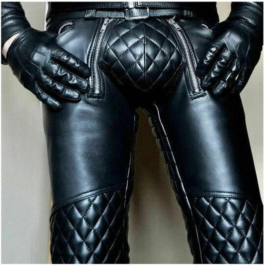Men's Cowhide Leather Punk Kink Pants Bikers Trousers Jeans Padded BLUF Schwarz