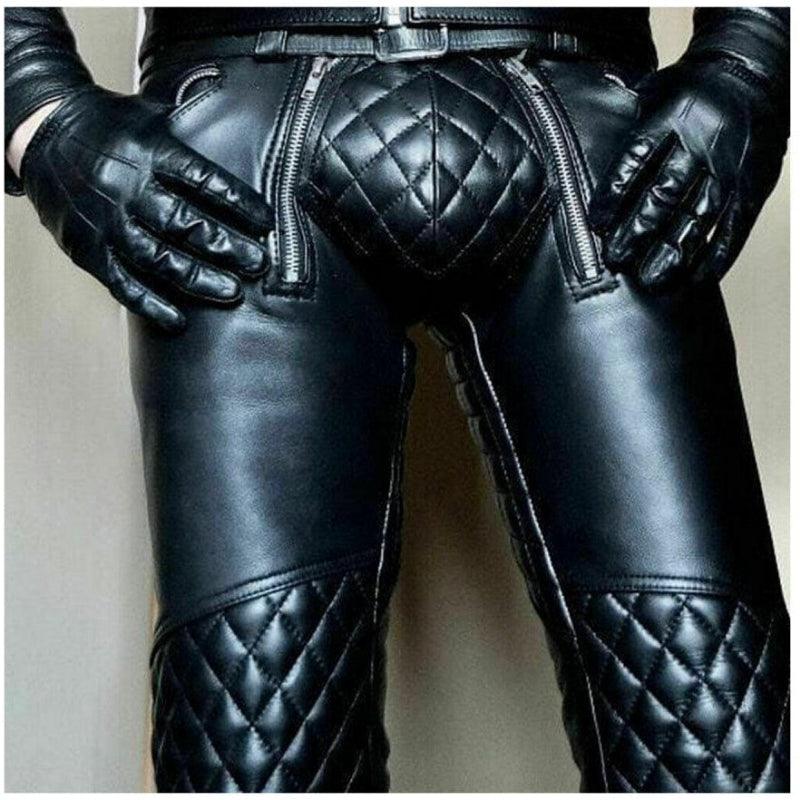 A close-up of men's real cowhide leather pants featuring quilted design and double zippers at the knees.