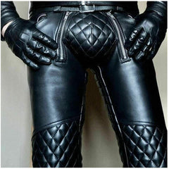 Men's Cowhide Leather Punk Kink Pants Bikers Trousers Jeans Padded BLUF Schwarz