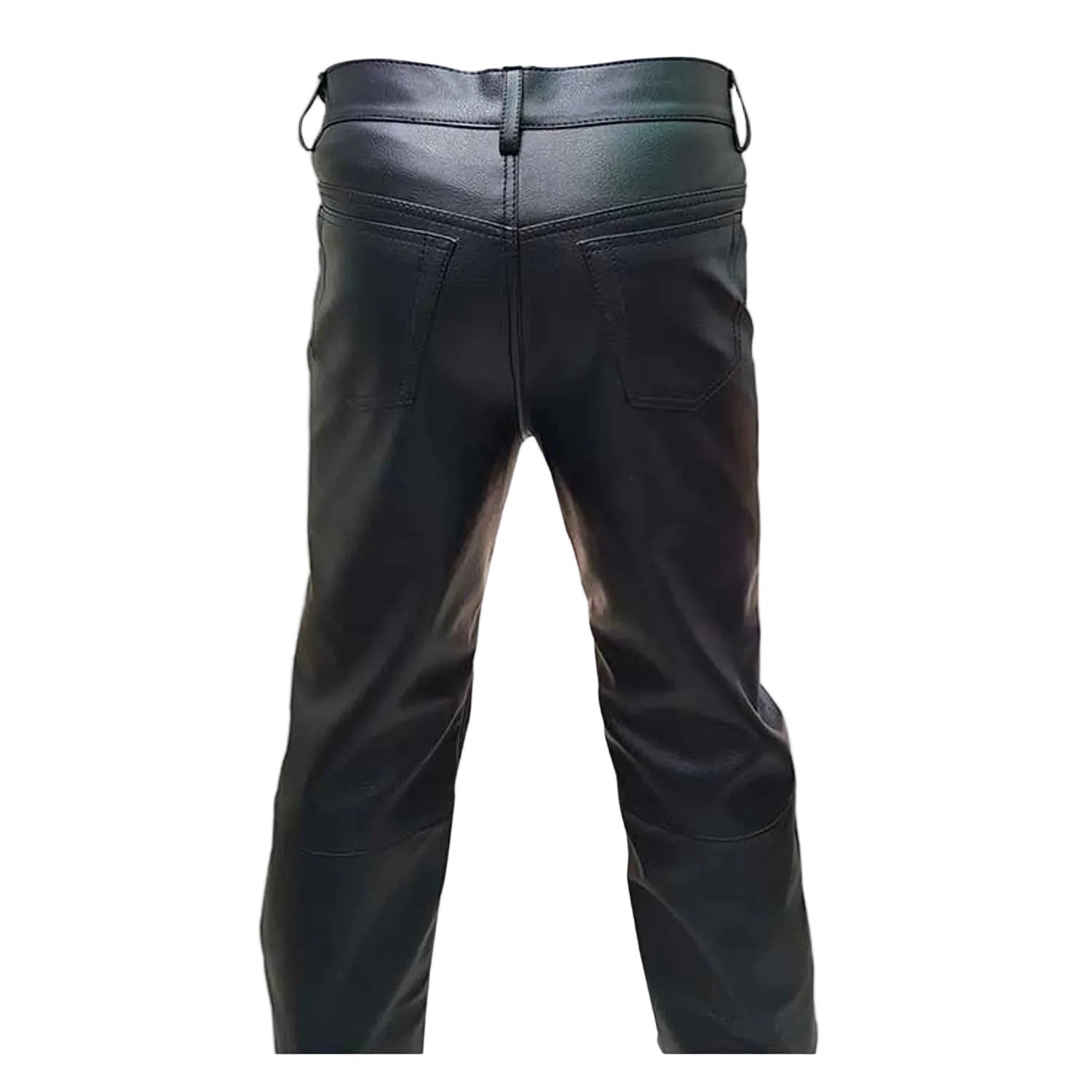 Black leather pants shown from the back, featuring a button closure, belt loops, and back pockets, set against a plain white background.