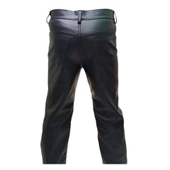 Black leather pants shown from the back, featuring a button closure, belt loops, and back pockets, set against a plain white background.