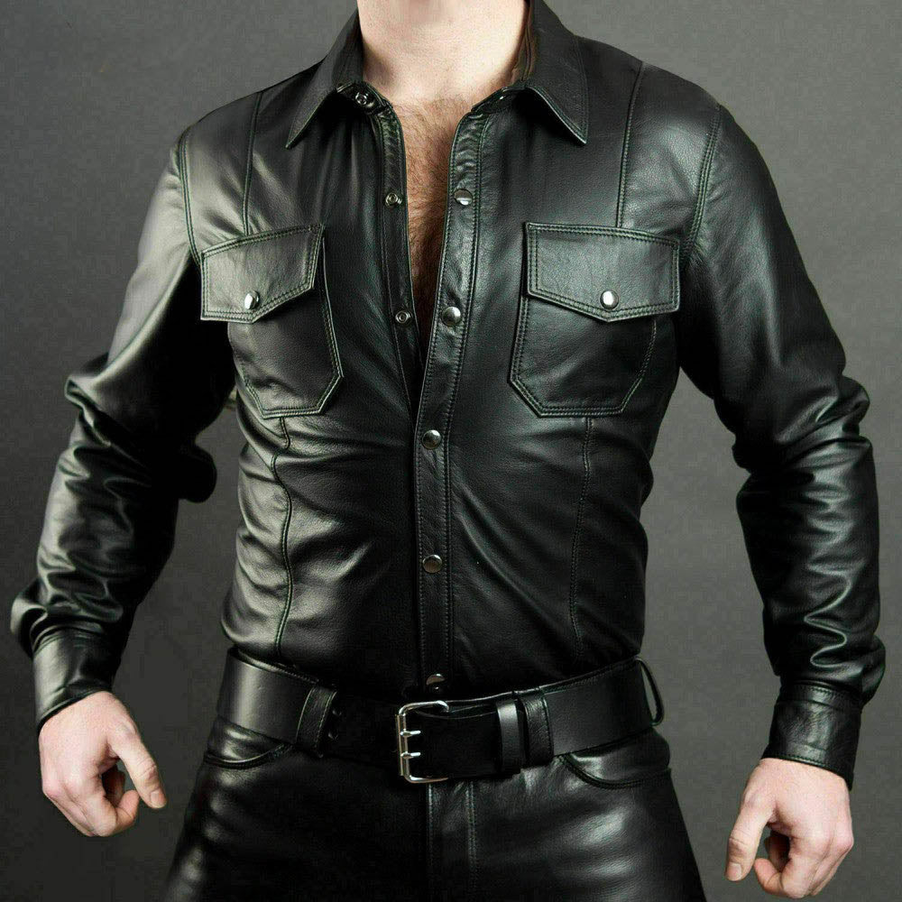 Camisa de uniforme de policía para hombre, atractiva, piel de cordero suave auténtica