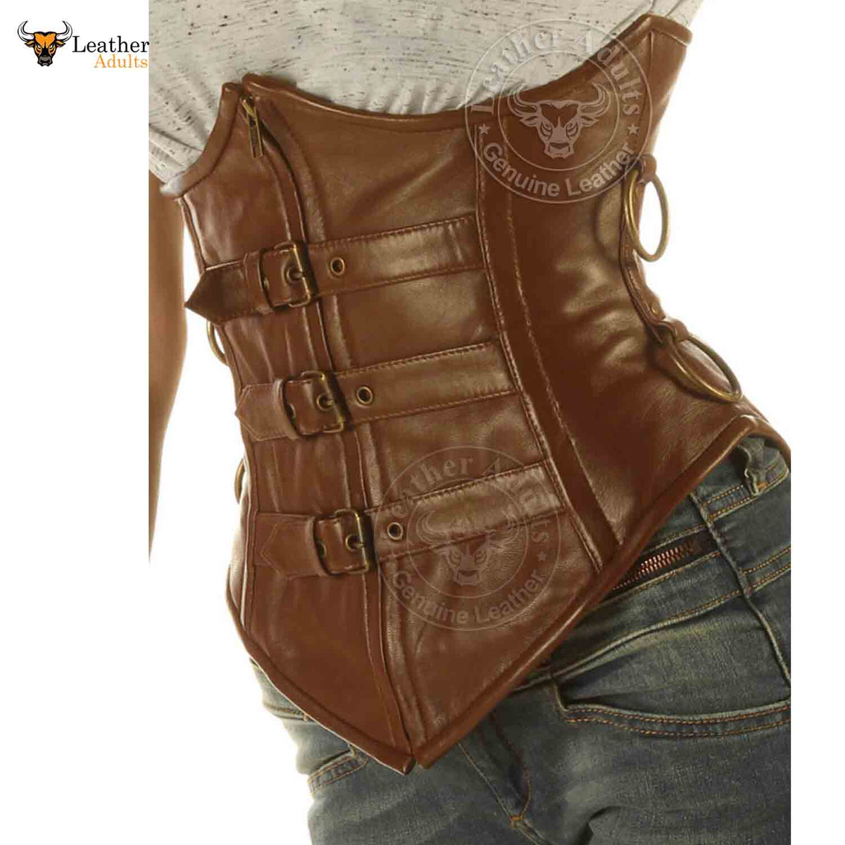 A brown real leather underbust corset with front zip and buckles, featuring steel bones and a modesty panel back.