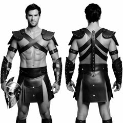 Mens Black Leather Gladiator Costume Historical Reenactment Armor Kilt Set Roman Warrior LARP