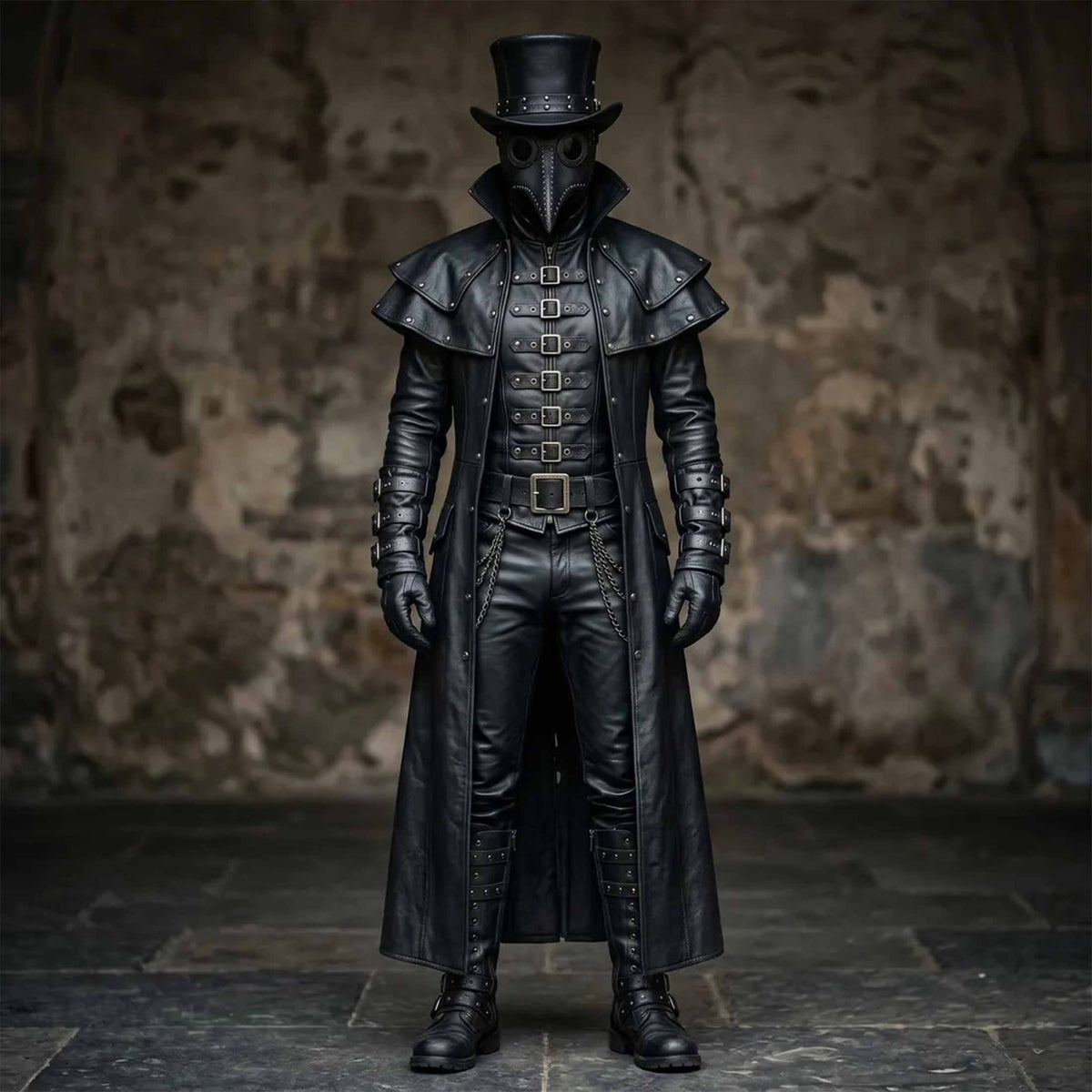 Full length front view of men handmade black leather gothic plague doctor costume featuring ankle length duster coat buckled vest and matching leather pants