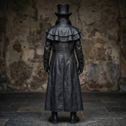 Rear full body view of black leather steampunk trench coat showing tiered double layer shoulder capelet with metal rivets and long flowing tailcoat hem