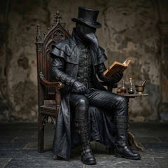 Plague doctor character dressed in full black leather duster coat and buckled vest reading an ancient tome while seated on a carved gothic wooden chair