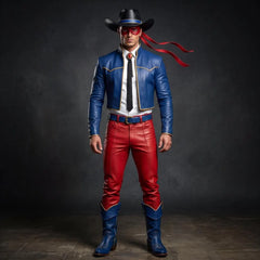Handmade Blue Leather Cropped Jacket & Red Pants Set | Men’s Western Cowboy Cosplay & Hero Outfit