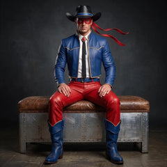 Handmade Blue Leather Cropped Jacket & Red Pants Set | Men’s Western Cowboy Cosplay & Hero Outfit