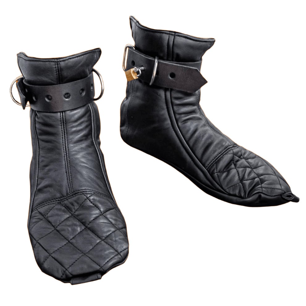Pair of black leather Bondage Boots with locking buckles on a white background.
