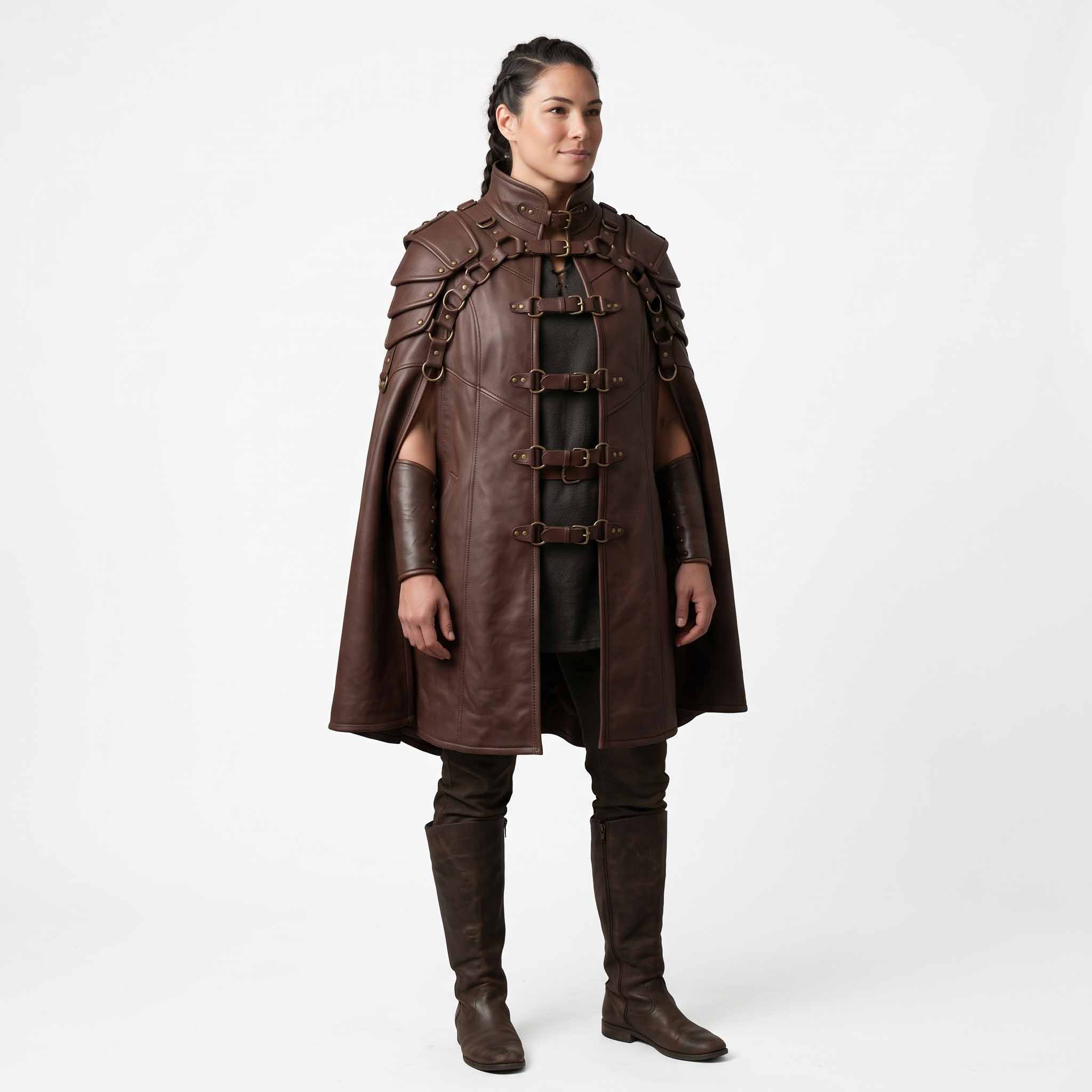 Front three quarter perspective of woman modeling brown leather renaissance warrior cloak showing front buckle straps and high collar