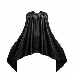 Studio product display showing the back paneling and draped scalloped hem of the black leather bat cape.