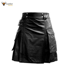 Men's Leather Black Utility Kilt Twin CARGO Pockets Pleated with Twin Buckles