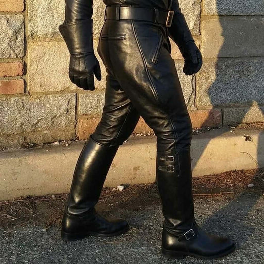 Mens Black Genuine Soft Cowhide Leather Breeches Trousers Lederjeans Pants BLUF Pants