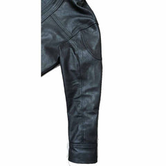 Close-up of a black leather jacket sleeve showing the texture, stitching, and cuff detail against a plain white background.