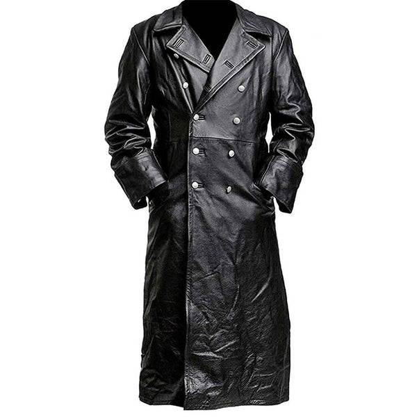 German Classic WW2 Officer Military Uniform Mens Black Real Leather Winter Long Coat