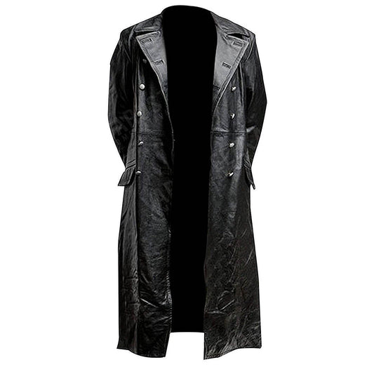 Abrigo largo de invierno de cuero auténtico para hombre, uniforme militar clásico alemán de la Segunda Guerra Mundial, color negro