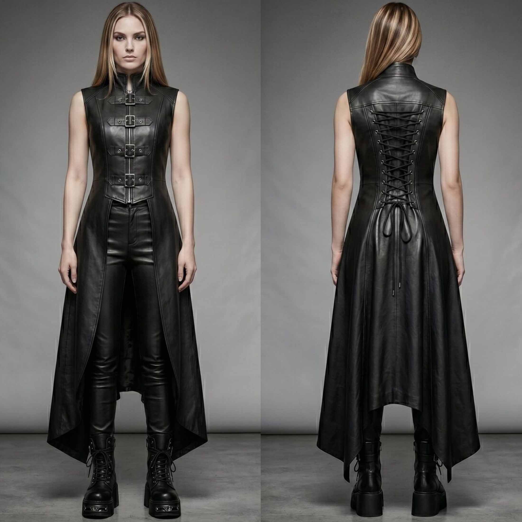 Front and back display of women wearing handmade black leather gothic steampunk vampire longline vest coat