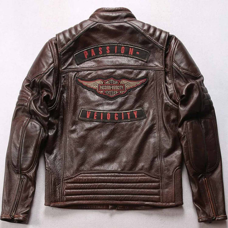 HD Brown Motorcycle Triple Vent Detonator Distressed Leather Jacket
