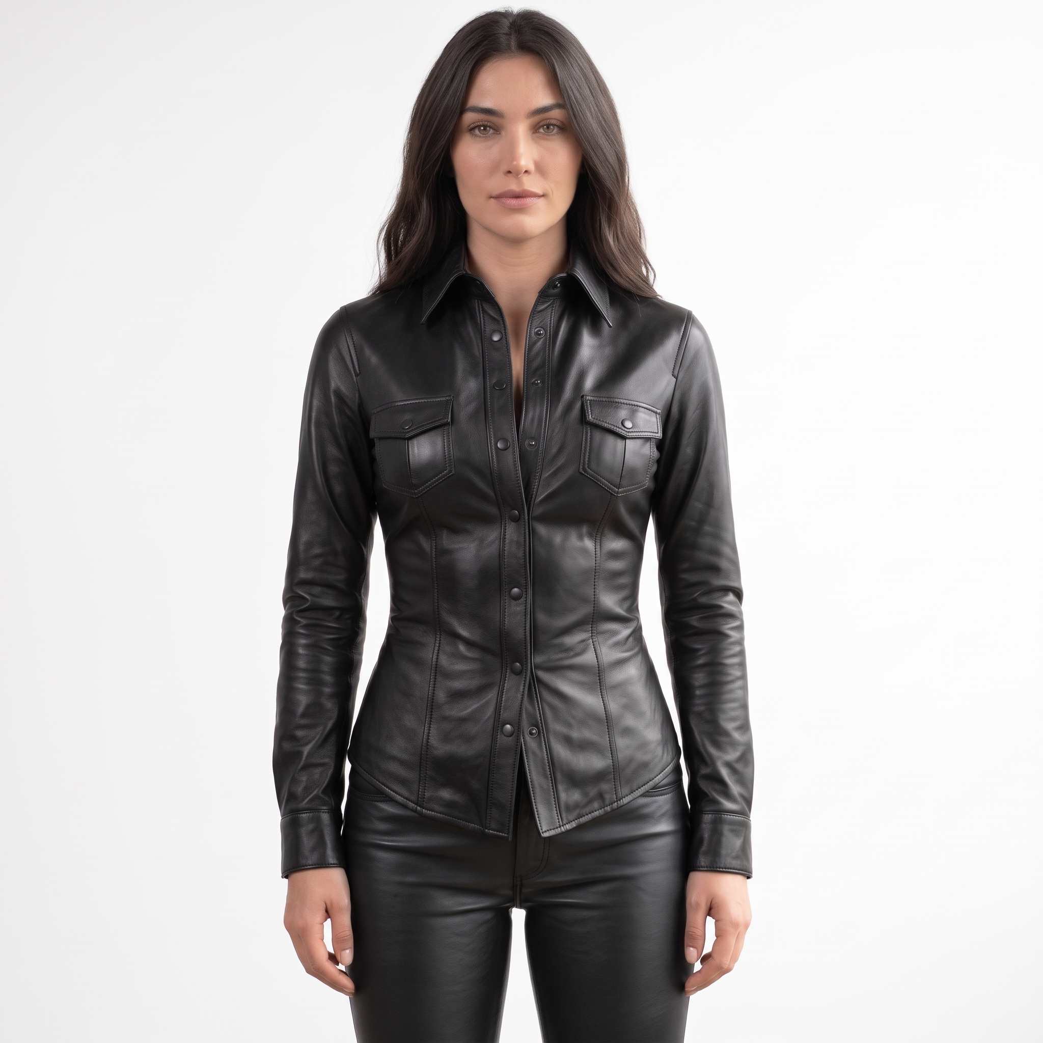 Full front view of a model posing in a fitted black genuine leather button down shirt paired with matching trousers.