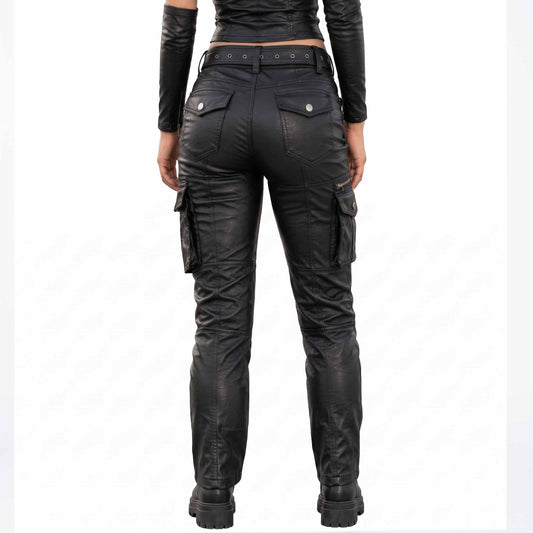 Back view highlighting the rear snap flap pockets, straight leg cut, and belt detail of women's black leather riding pants.
