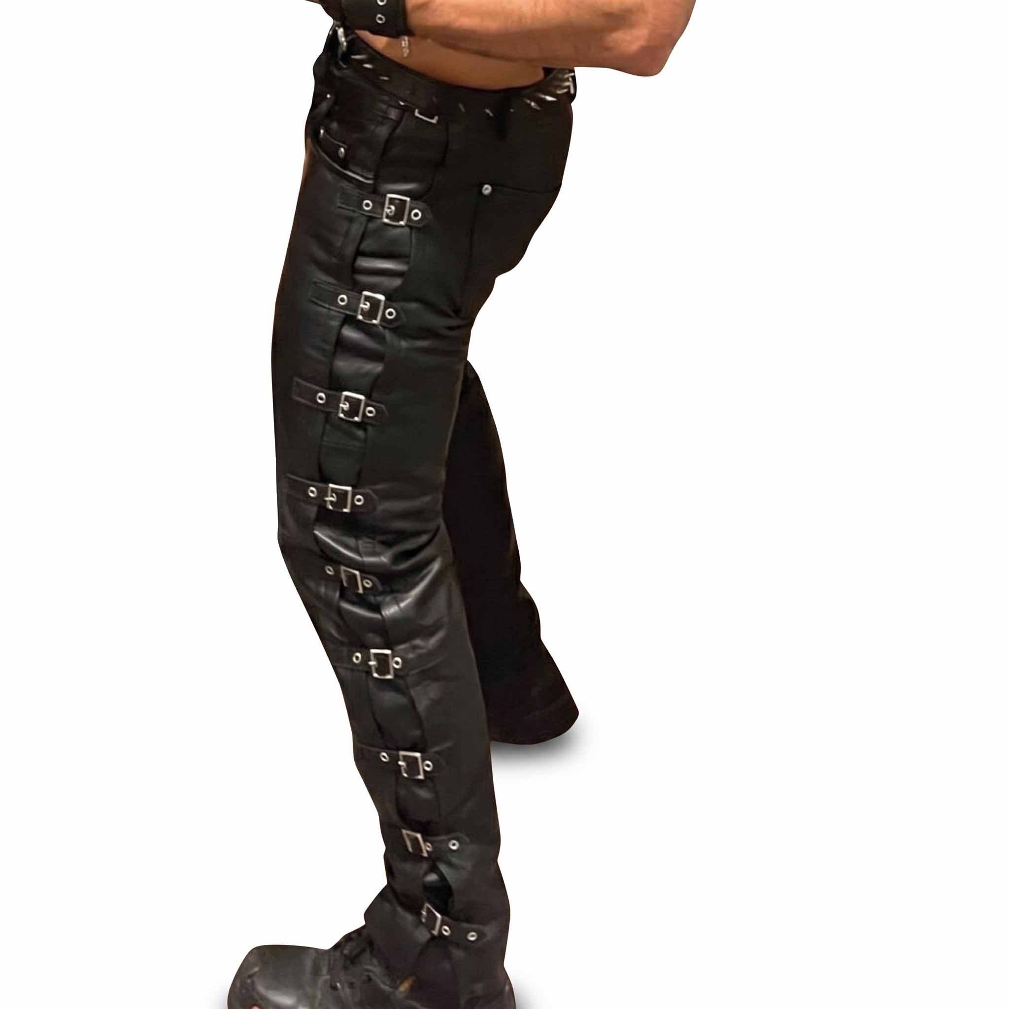 Side profile cutout view of black leather biker trousers demonstrating multiple adjustable silver roller buckle straps along the entire outer seam