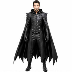 Straight-on front view with hood resting around the collar, detailing the double-breasted studded chest straps and pauldrons.