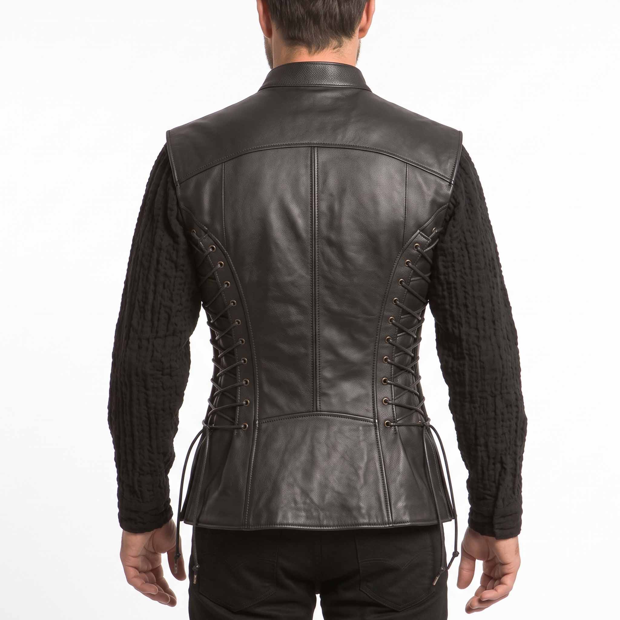 Back view showing the contoured seam stitching and dual side grommet cord lacing on a black genuine leather Viking vest.