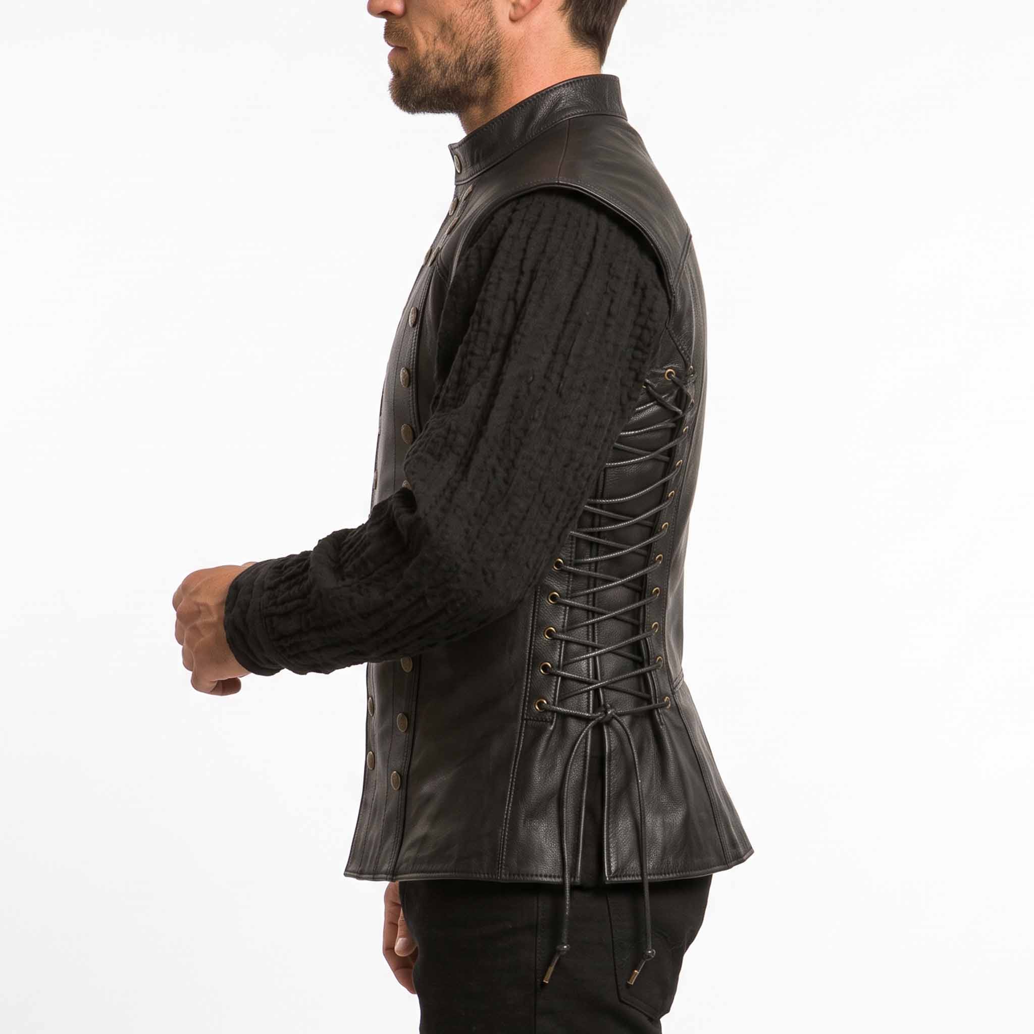 Direct side profile view displaying the deep metal eyelets and full-length lace-up design of the Renaissance cowhide leather jerkin.