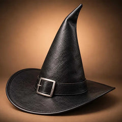 Handmade Black Leather Witch Hat with Buckle Band | Pointed Gothic Wizard Costume Hat for Ren Faire & Halloween Cosplay (Unisex)