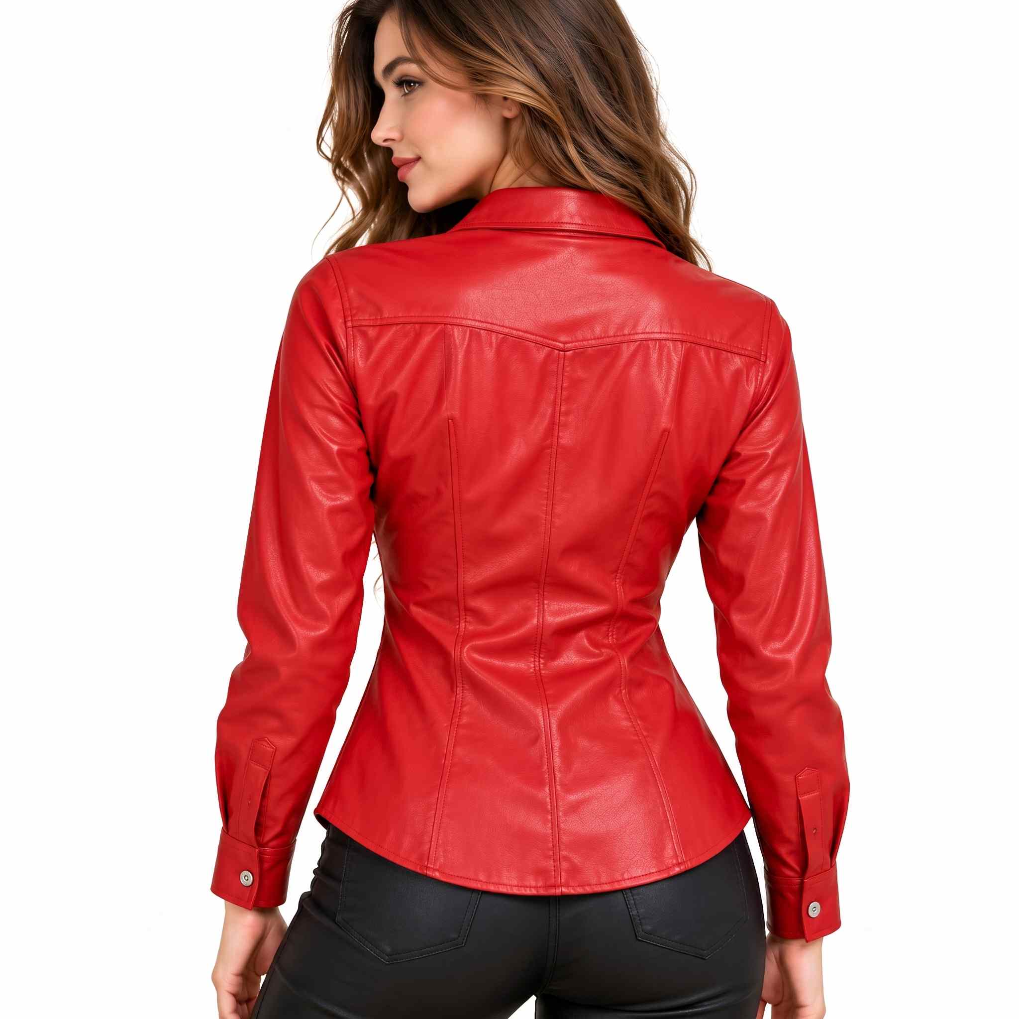 Back view displaying the horizontal Western yoke, vertical waist contour stitching, and curved hem of a women's red leather shirt.