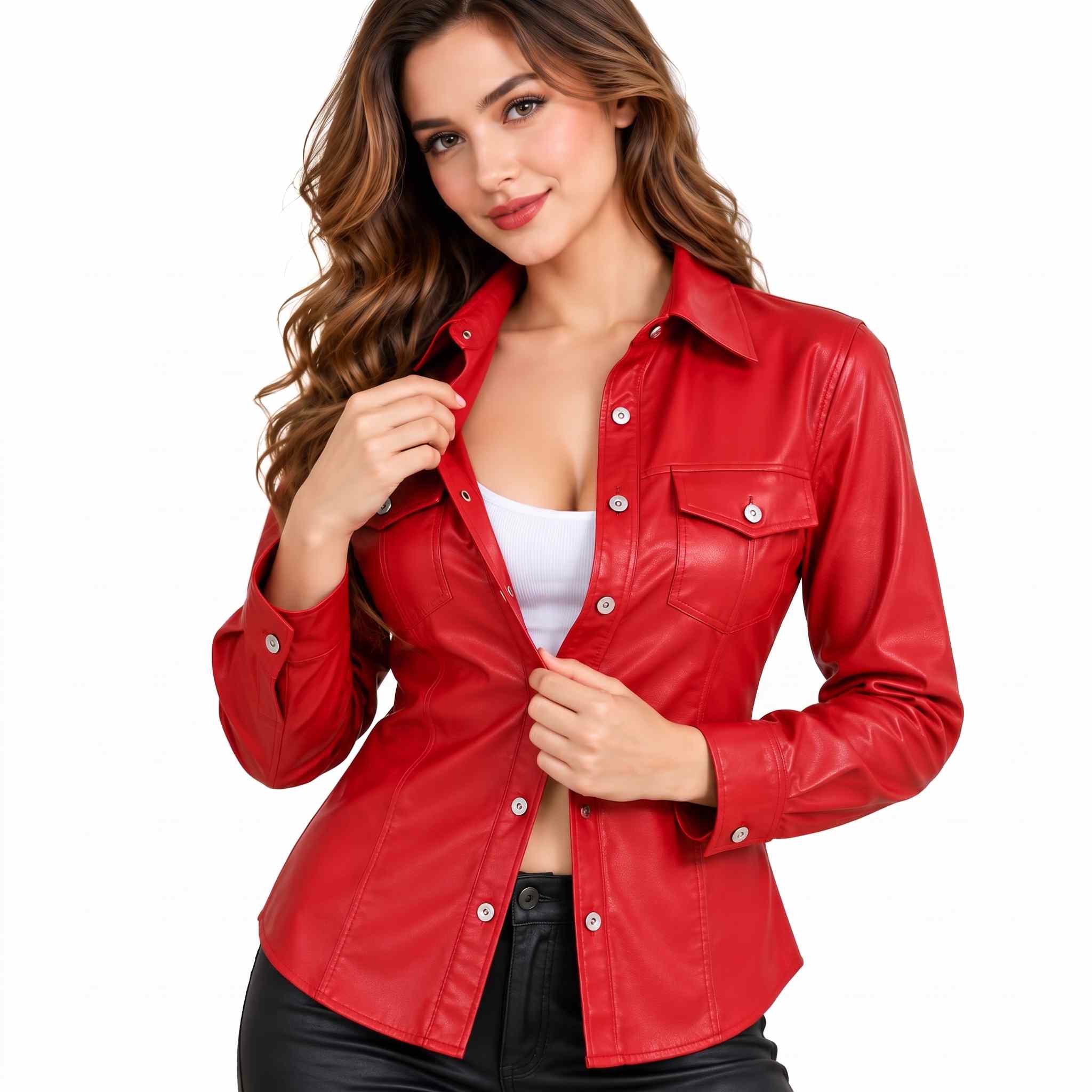 Close up view of a woman adjusting the silver buttons of an unbuttoned red leather shirt layered over a white top.