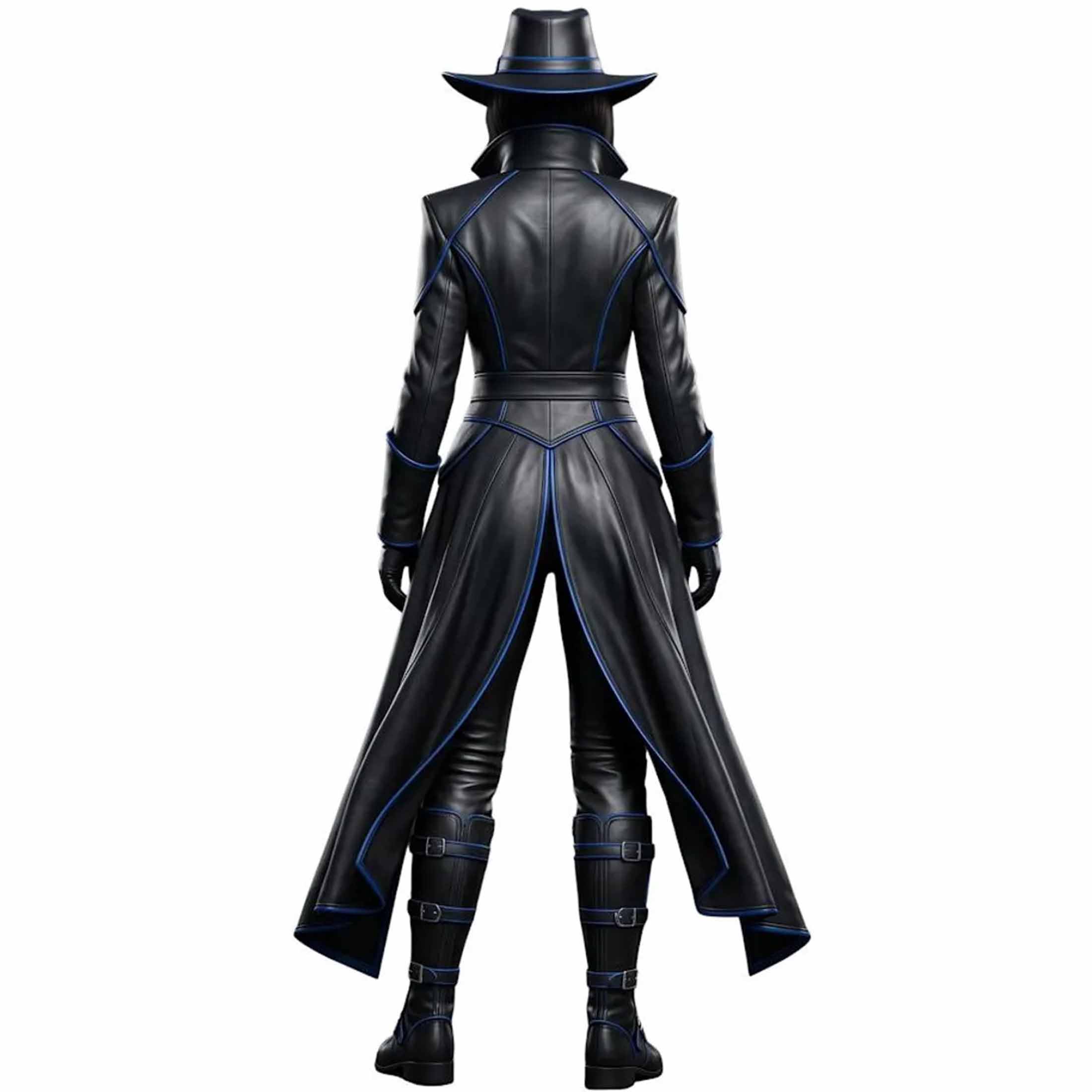 Rear full length view of womens black leather sci fi duster coat showing tailored back waistline split tails and armored boots